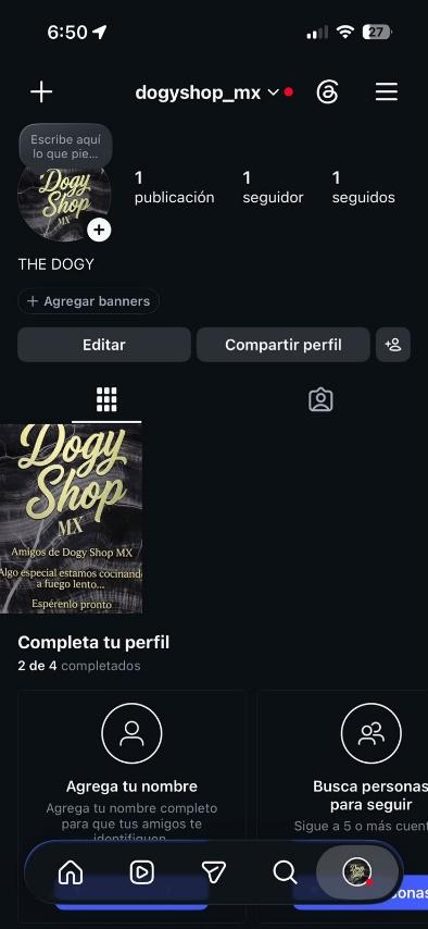 Antes: perfil con 1 publicación, 1 seguidor y 1 seguido.